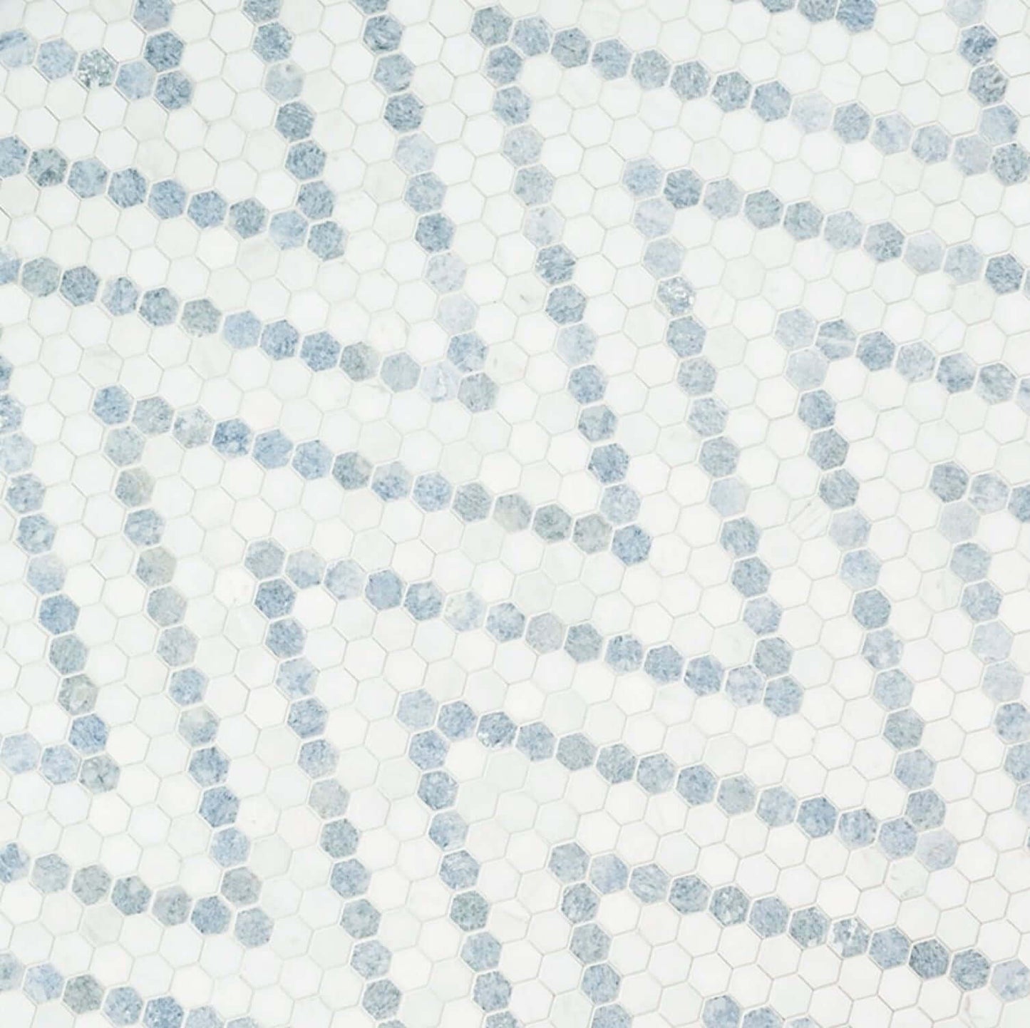 1” Azula Sazi Polished Hexagon Mosaic, Thassos White + Blue Azul - Hey Tiles