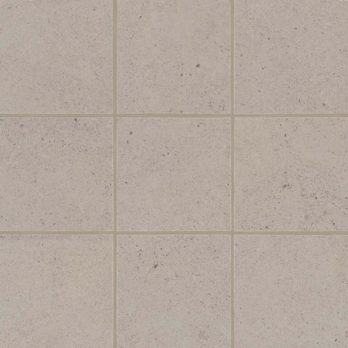 Thaddeus 4" x 4" matte porcelain mosaic tile in taupe, featuring a classic square format and soft non-reflective finish.