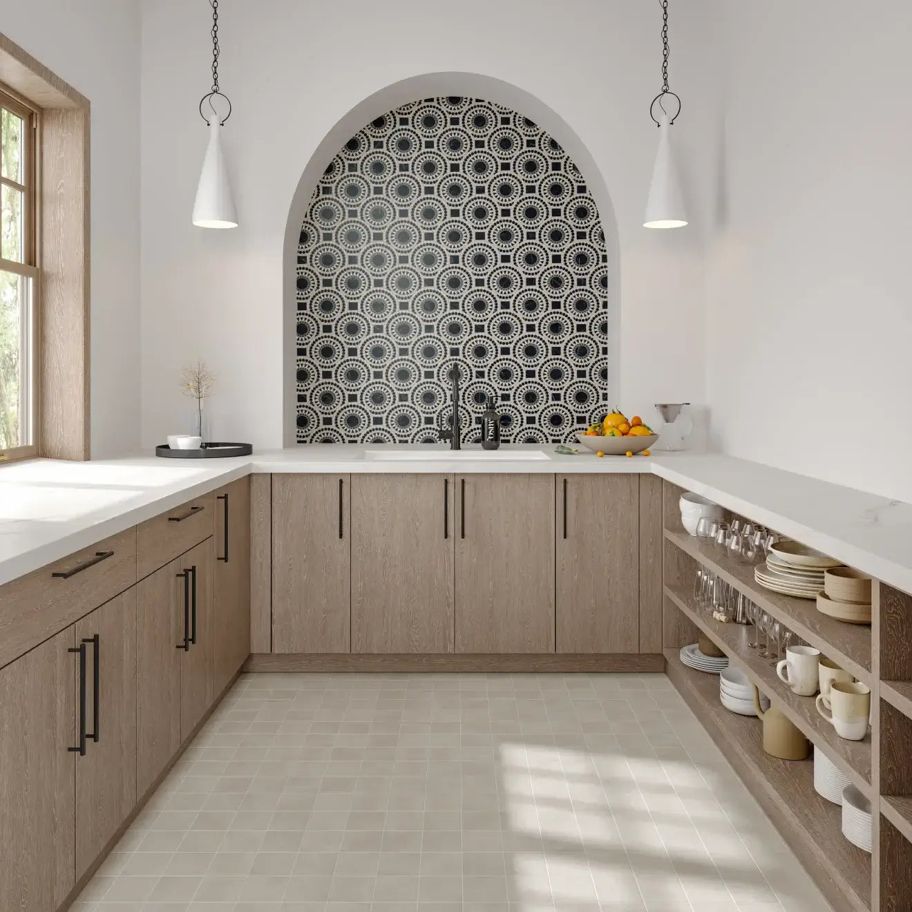 Modern kitchen featuring a Thaddeus 4x4 matte porcelain mosaic tile backsplash with a stylish round window.