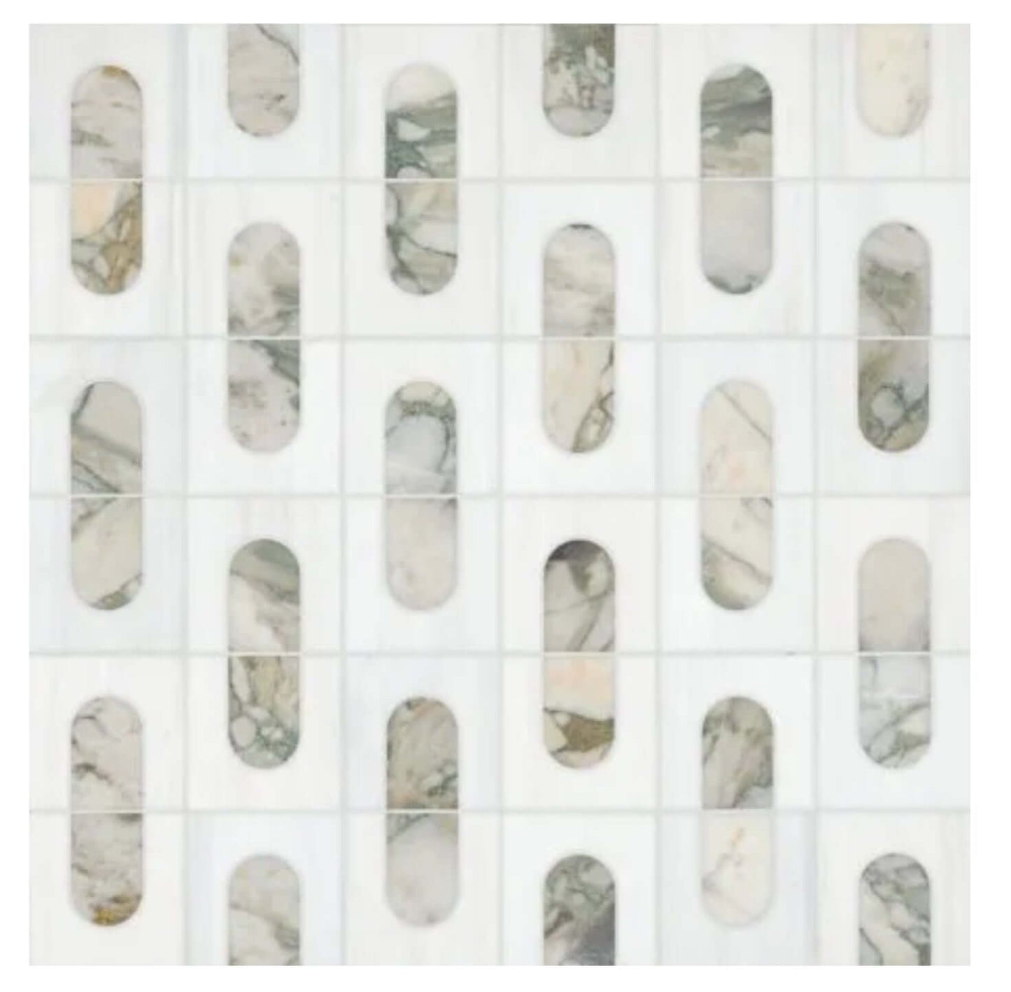 Bianco Dolomite Green Polished Marble Mosaic Tile with geometric patterns in white and green veining.