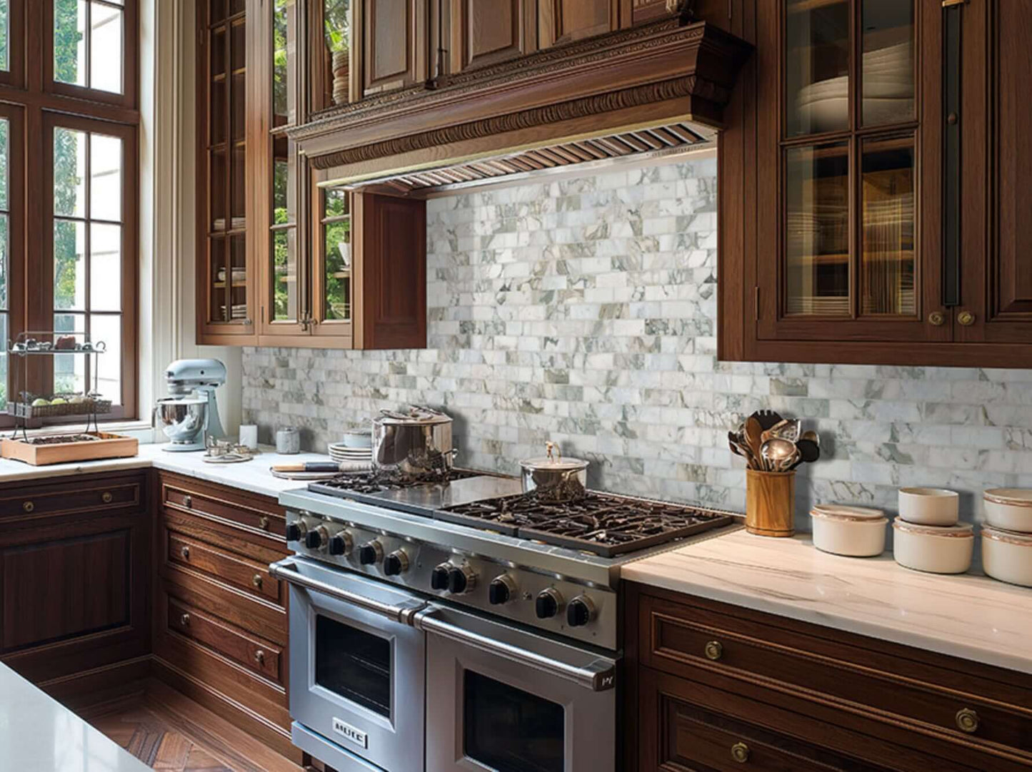 Elegant kitchen featuring Calacatta Green marble honed mosaic tile backsplash with wooden cabinets and modern appliances.