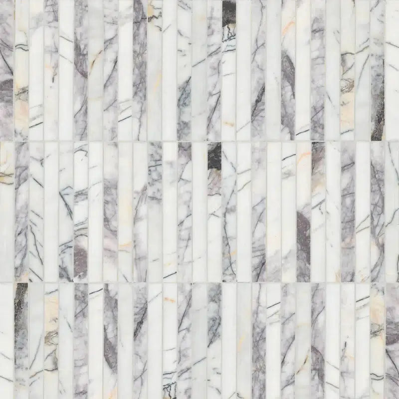 Calacatta Viola lilac scallopini pattern marble mosaic tile featuring elegant curves and honed finish.