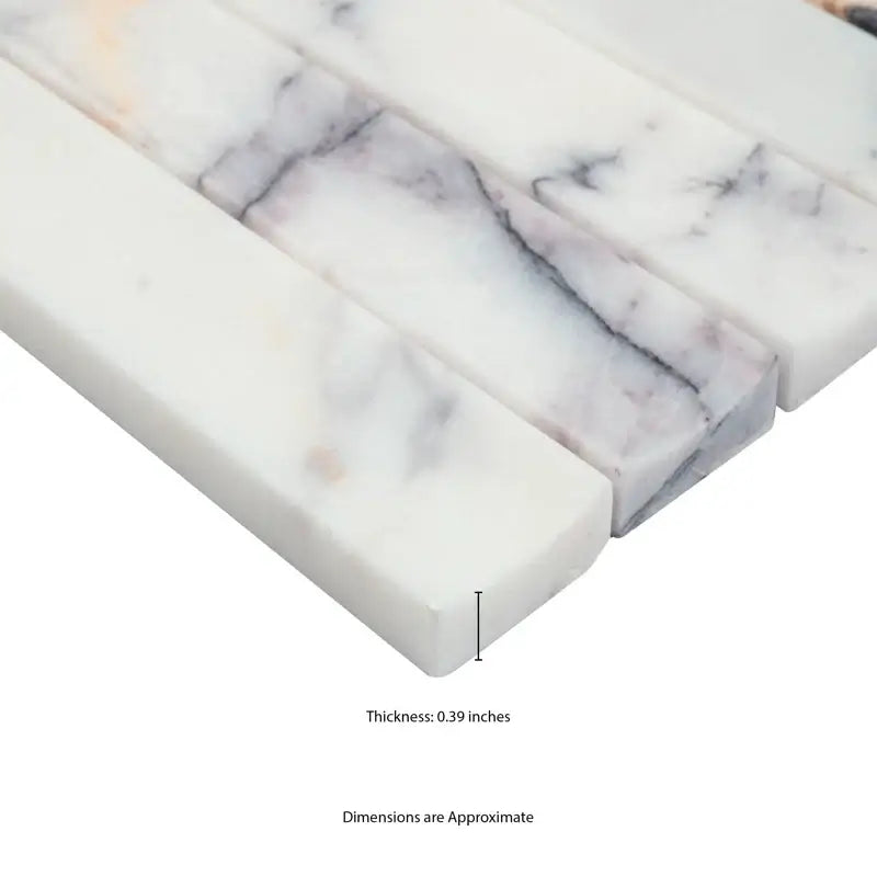 Close-up of Calacatta Viola marble mosaic with 0.39 inches thickness, showcasing elegant textured design.