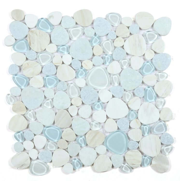 Peach Marina 12x12 mosaic tile featuring a blend of soft peach and cool blue tones, ideal for creative interior design.