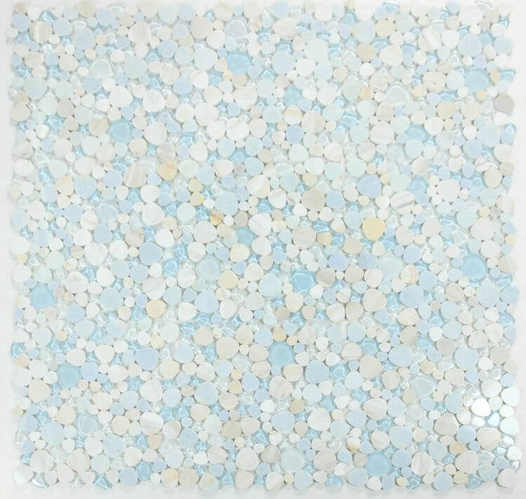 Peach Marina 12x12 mosaic tile featuring a blend of soft blue and cream circular pieces for creative interior design.