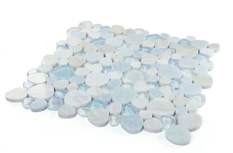 Peach Marina 12x12 mosaic tile featuring a blend of light blue and white stones for vibrant interior design.