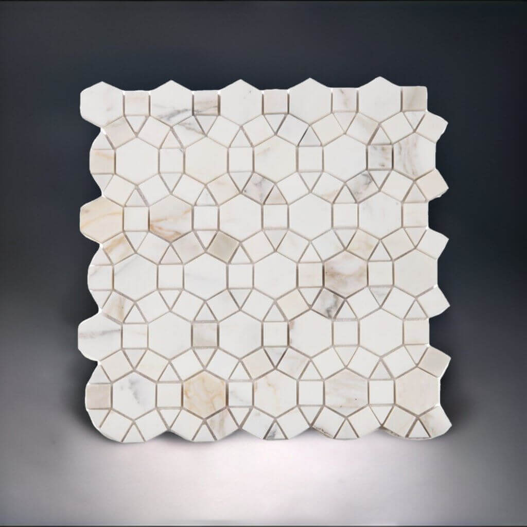Aether Calacatta honed mosaic featuring intricate hexagonal, square, and triangular patterns in elegant marble.