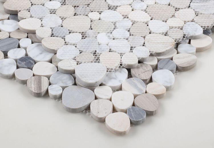 Aphrodite Blue marble mosaic tile featuring a heart-shaped pattern in white, Haisa, and blue shades.