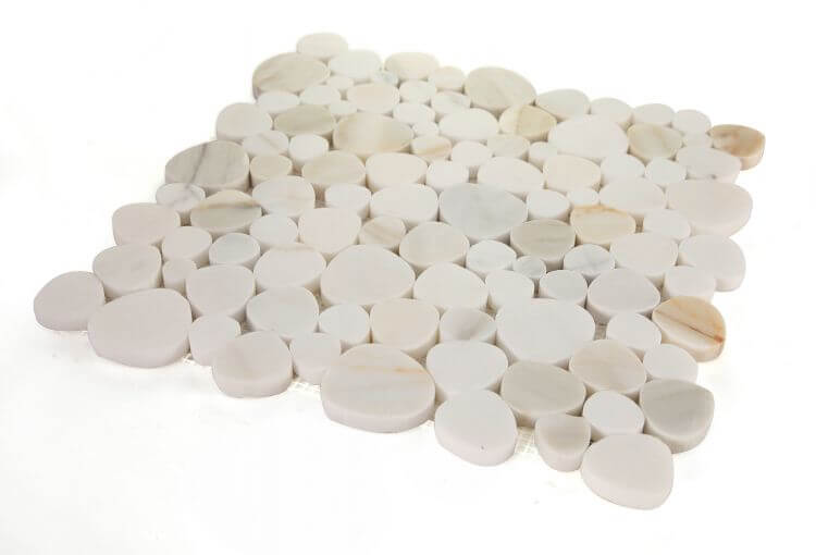 Calacatta Gold Pebble Mosaic Tile 12x12 with elegantly shaped white marble pebbles on a mesh backing.
