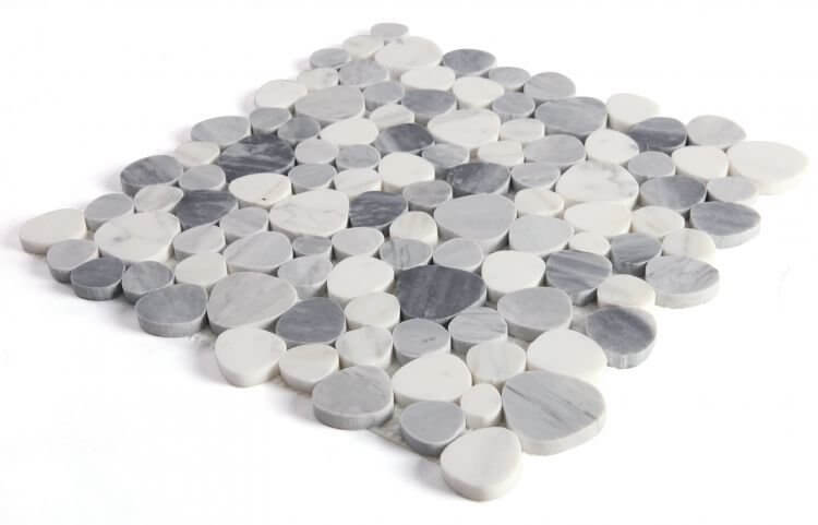 Aphrodite Calacatta Grey 12x12 marble mosaic tile with a unique pebble design, perfect for enhancing decor.