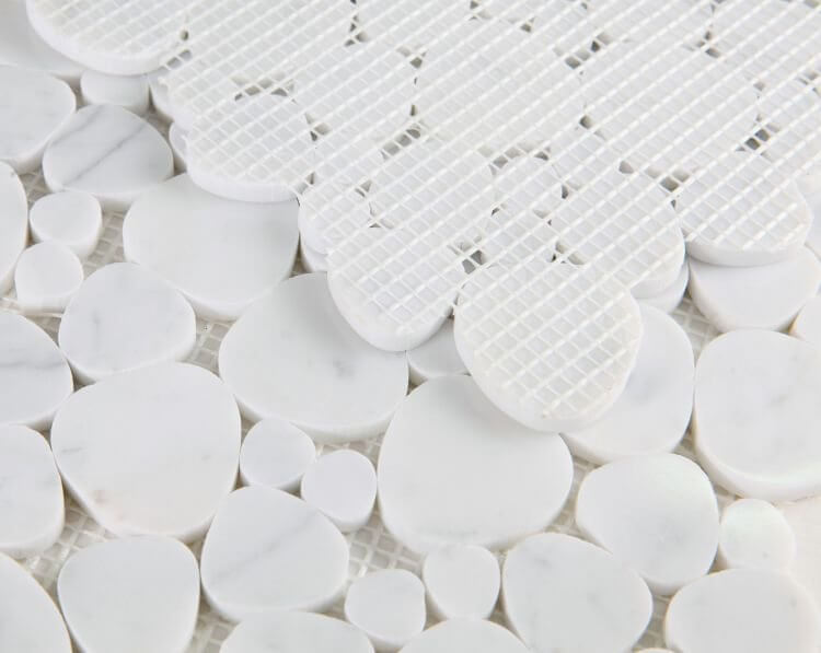 Aphrodite Carrara 12x12 white marble mosaics in heart and pebble shapes for elegant home decor.