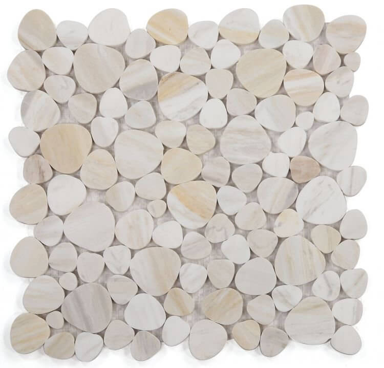 Aphrodite Eura Wood Mosaic featuring heart-shaped beige marble pieces for elegant flooring or wall design.