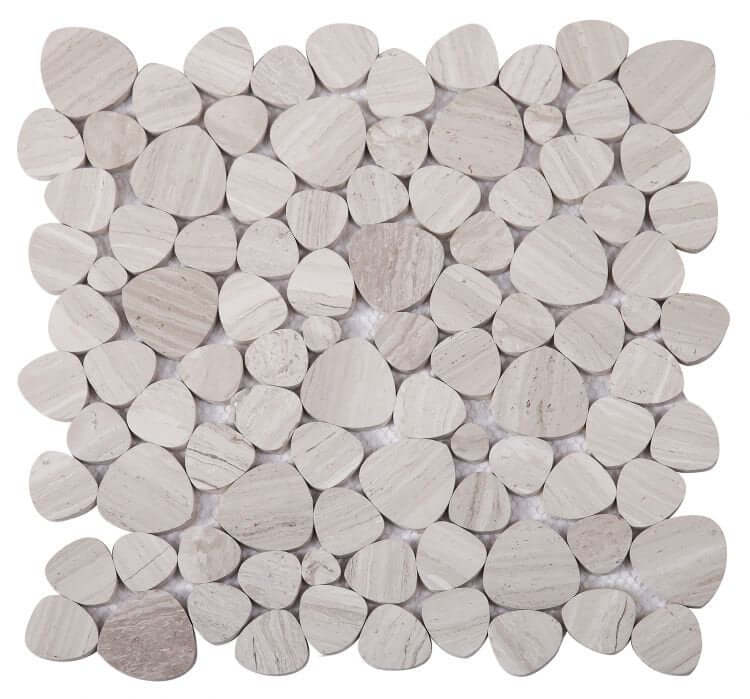 Aphrodite Grey 12x12 marble mosaic tiles with heart-shaped pieces, showcasing a polished finish and refined design.