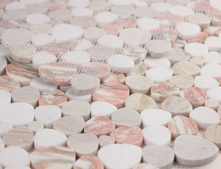 Aphrodite Rose marble mosaic showing polished white Thassos and Rosa Norvegia pebbles in a stunning design.