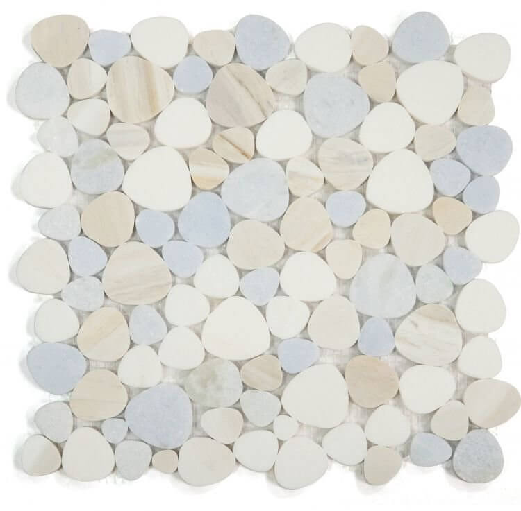 Aphrodite Sky Marble Mosaic tile showcasing heart-shaped pieces in soothing blue, white, and beige hues, polished finish.
