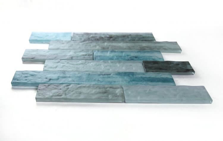 Art Ocean Casale 11.75x11.75 glass mosaic with blue-grey hues in linear brick pattern.