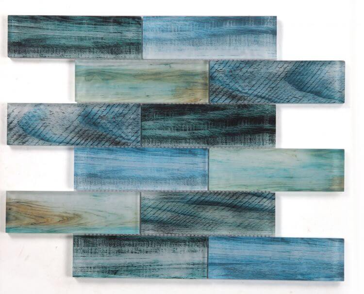 Art Wood Forest mosaic tile featuring a linear brick pattern in blue-green tones, 11.75 x 11.75 inches, made of glass.