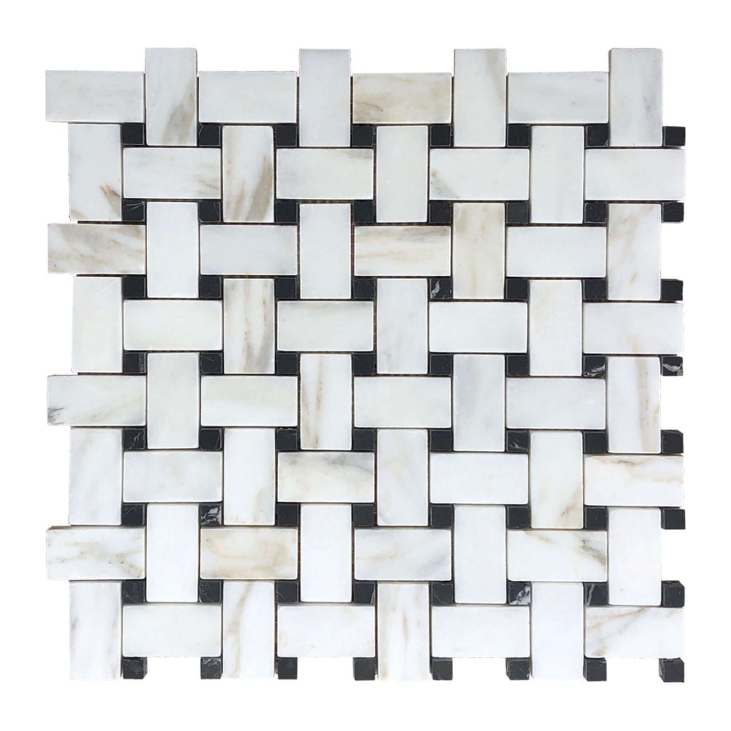 Calacatta Gold Marble Basketweave Mosaic Tile W/ Black Dots - Hey Tiles