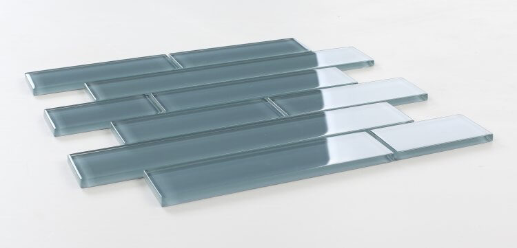 Casale Blue Shining polished glass tiles in subway layout, ideal for swimming pool installations.