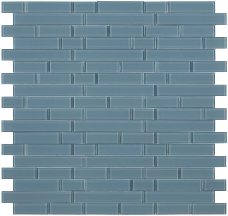 Polished blue glass tiles in subway layout, perfect for swimming pool installations, size 11.75 x 11.75 inches.