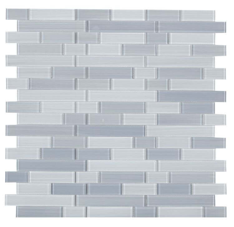 Polished light grey glass mosaic tile in subway layout, ideal for swimming pool installation.