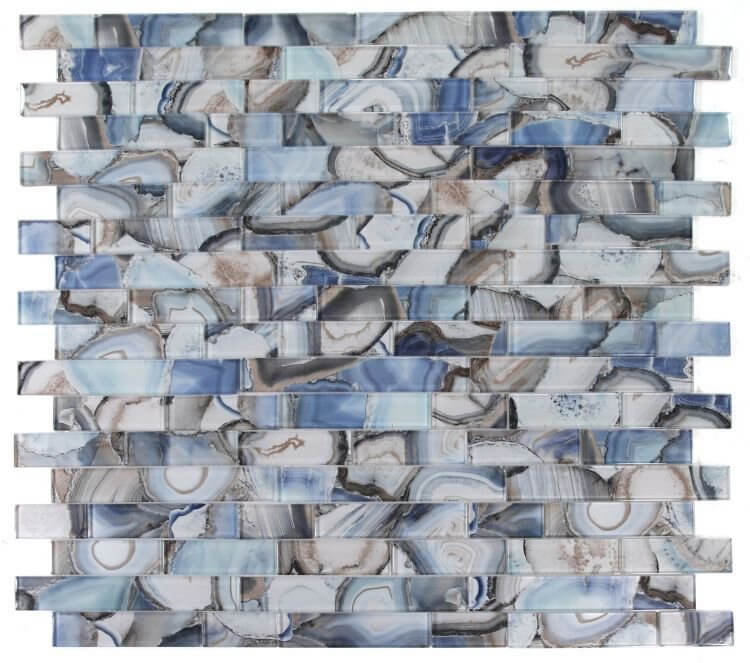 Casale Shell Blue glass tile featuring artistic blue shell design in large linear pattern, perfect for indoor use.