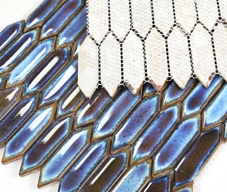 Chelsea Blue handmade porcelain mosaics, elongated hexagon tiles, featuring various shades of blue for pool use.
