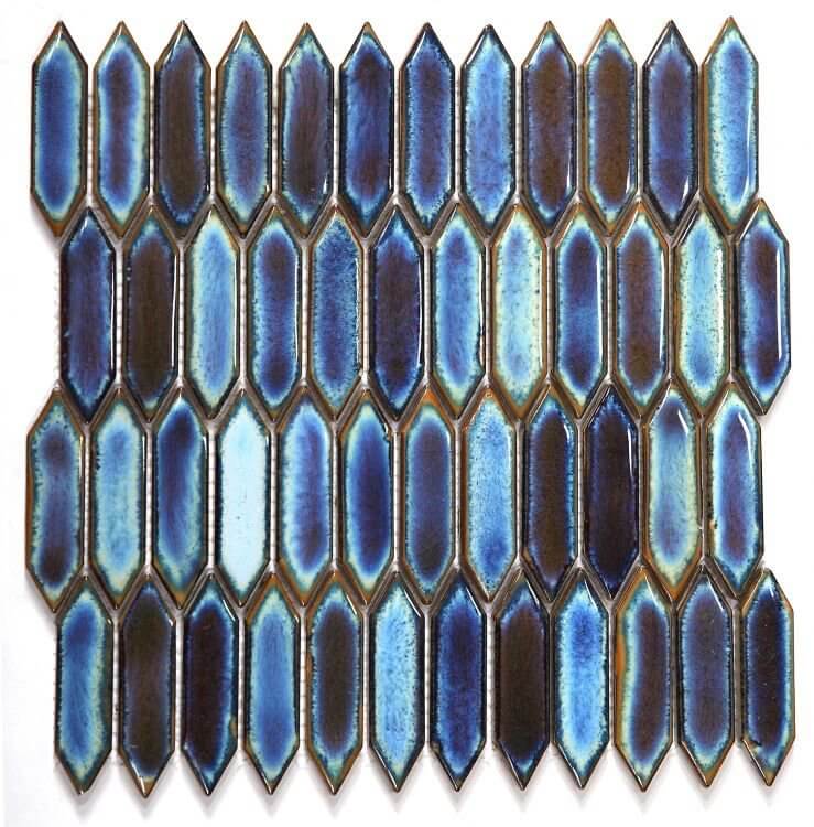 Chelsea Blue 11x11.25 handcrafted porcelain tile, elongated hexagon shape, pool rated, in vibrant blue shades.