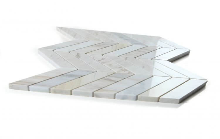 Chevron Eurasian 11 x 11 marble mosaic in polished grey and beige finish, ideal for modern interiors.