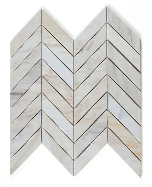 Chevron Eurasian 11 x 11 marble mosaic tile in grey and beige, polished finish, ideal for stylish home decor.