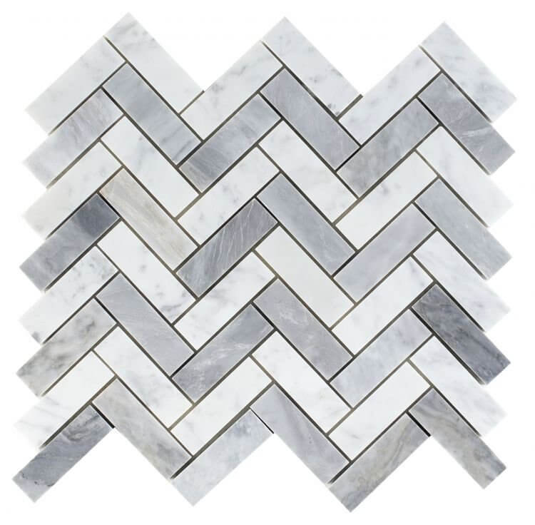 Chevron Long Loft marble mosaic in polished finish, featuring white and grey herringbone pattern.
