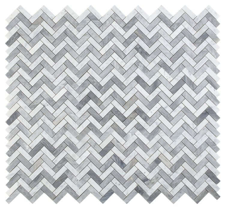 Chevron Long Loft marble mosaic tile in polished finish showcasing a chevron pattern in white and grey tones.