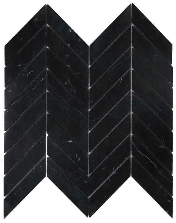 Chevron Marquina 10.75x11 polished Nero Marquina marble mosaic in a chevron pattern. Ideal for elegant spaces.