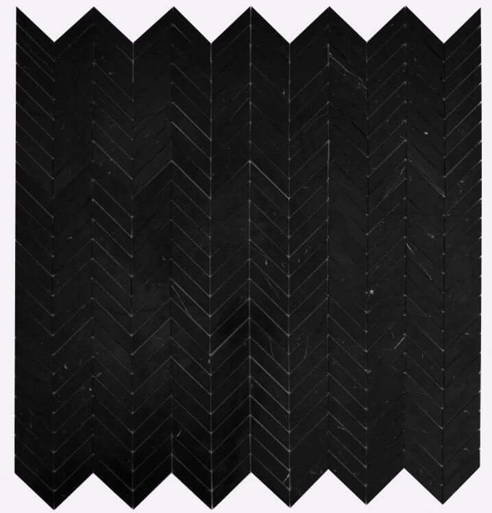 Chevron Marquina mosaic in polished black Nero Marquina marble, featuring a chic chevron pattern, 10.75 x 11 inches.