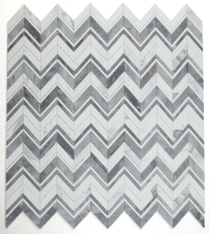 Chevron Ravenna Grey marble mosaic, 11.75x12.25, featuring a luxury chevron design in a sophisticated color blend.