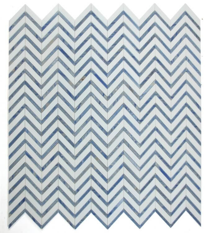 Chevron Royal Sapphire 12x12 marble mosaic tiles in blue and white, perfect for elegant home decor.