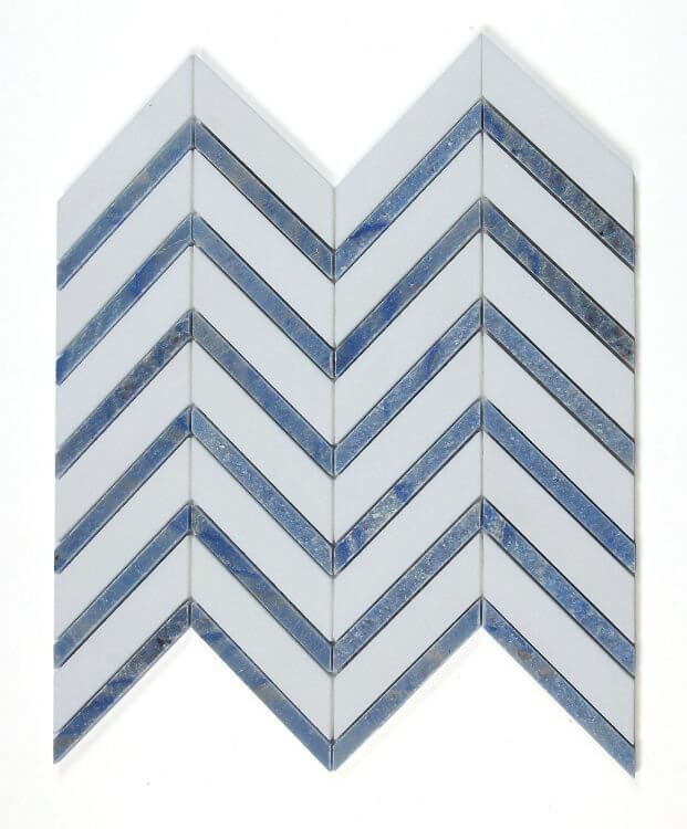 Chevron Royal Sapphire 12x12 marble tile featuring blue and white colors, suitable for mosaics and decorative tiling.