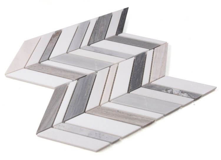 Chevron Shadow Blue marble mosaic tiles in herringbone pattern, featuring blue, grey, and white tones.