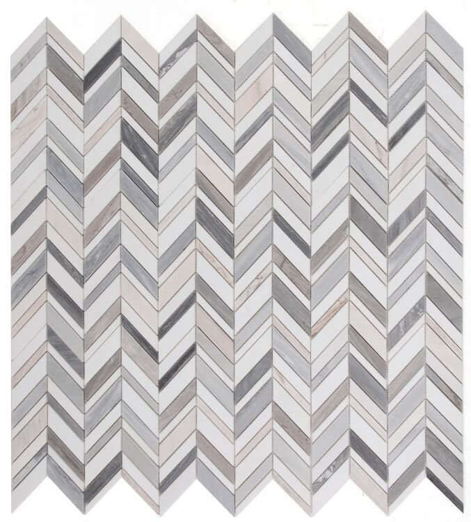 Chevron Shadow Blue marble mosaic in herringbone pattern, featuring shades of blue, grey, and white, polished finish.
