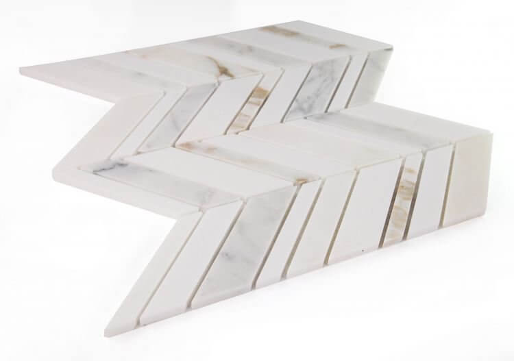 Chevron Shadow Calacatta marble mosaic tile in white and gold, 11.75 x 12 inches, polished finish for elegant interiors.