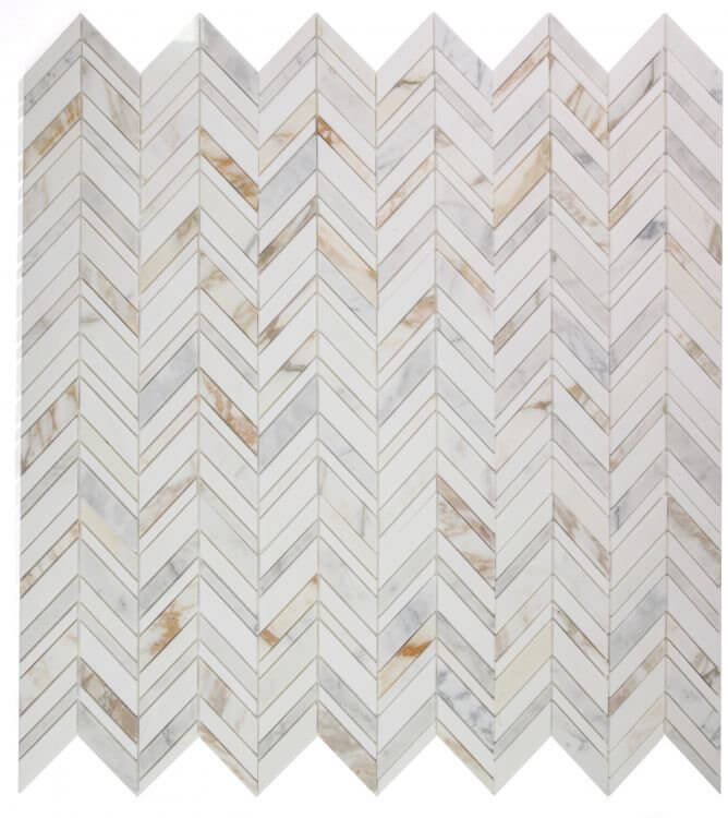 Chevron Shadow Calacatta marble mosaic featuring a mix of Calacatta Gold and White Thassos in a stylish chevron pattern.