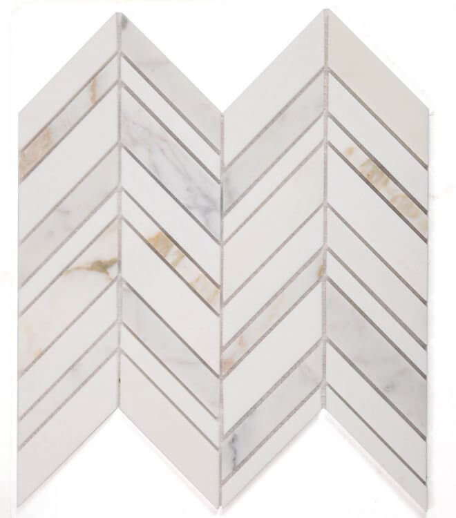 Chevron Shadow Calacatta mosaic tile in white and gold marble, 11.75 x 12 inches, polished finish perfect for elegant interiors.