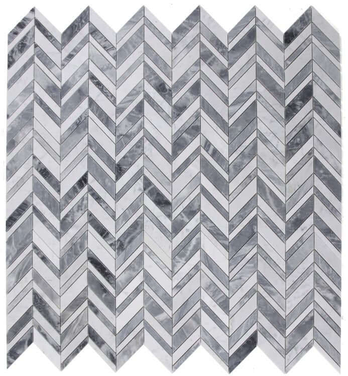 Chevron Shadow Lava mosaic featuring polished Carrara and Italian Grey marble in a herringbone pattern.