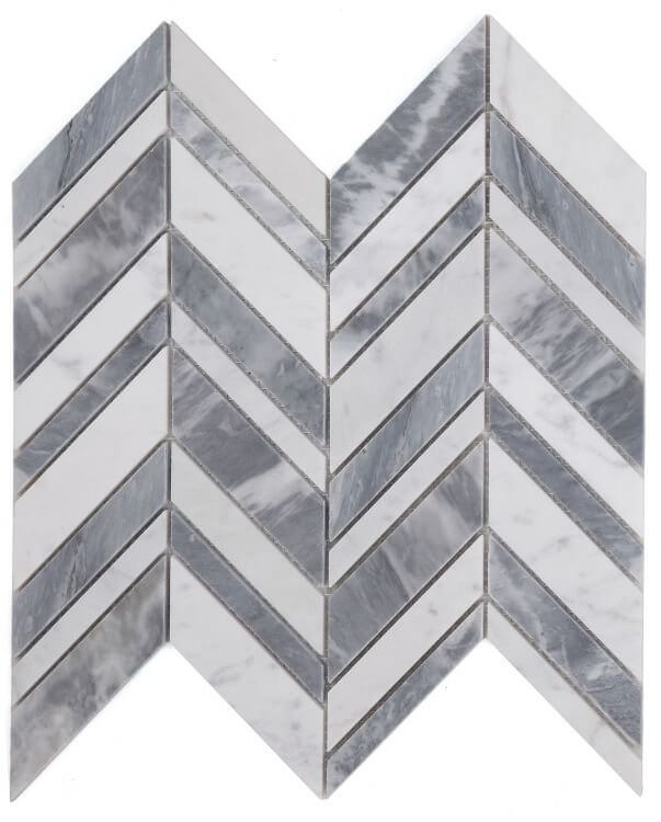 Chevron Shadow Lava mosaic tile in polished grey and white Carrara marble, 11.75x12 inches, ideal for elegant designs.