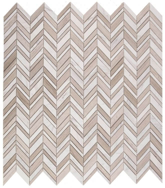 Chevron Shadow Loft 11.75x12 mosaic featuring Volakas White and Haisa Grey Marble, polished finish in chevron pattern.