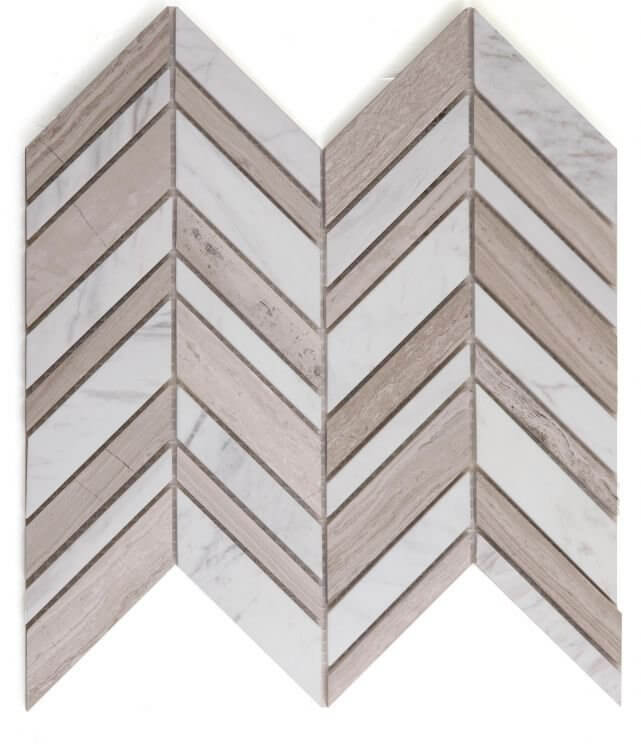 Chevron Shadow Loft mosaic tile showcasing Volakas White and Haisa Grey marble in a chevron pattern, polished finish.