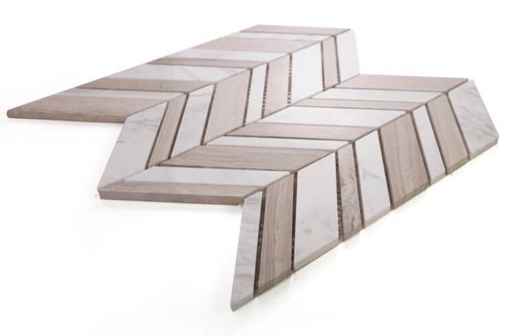 Chevron Shadow Loft mosaic featuring Volakas White and Haisa Grey Marble in modern design.