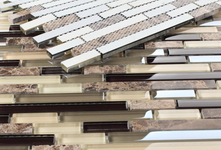 City 11.75 x 12 linear mosaic featuring dark emperador marble and glass in beige, brown, and black colors.