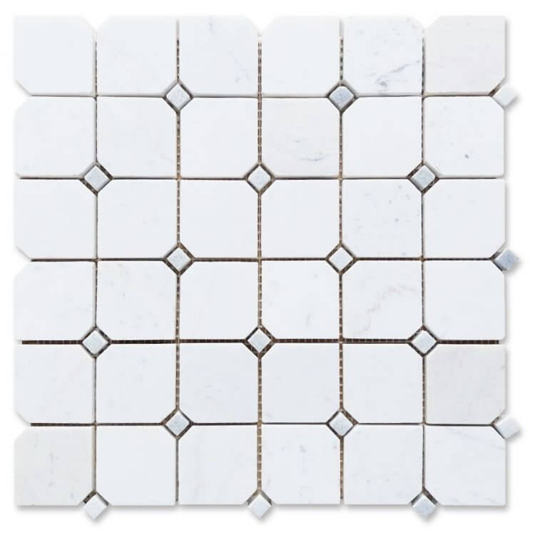 Milky White Diamond Lattice Honed 11.75 x 11.75 Mosaic Tile featuring geometric clipped shapes in Thassos White.