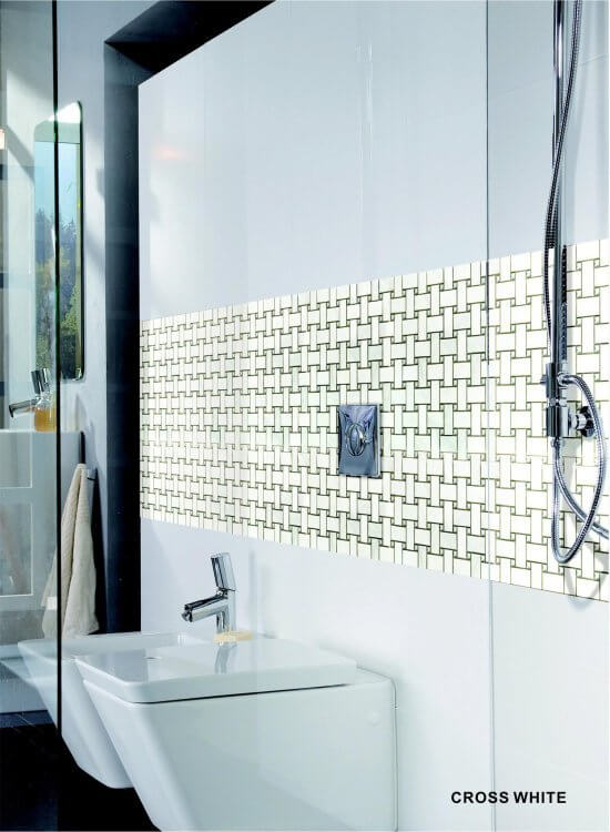 Cross White 12x12 basket weave marble and glass mosaic tile in modern bathroom setting.
